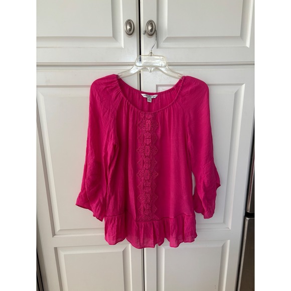 Counterparts Tops - Counterparts Womens Pink Crochet Lace Embroidered Bell Sleeve Ruffle Blouse‎ S